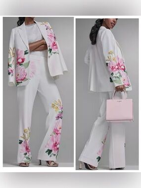 NEW Karl Lagerfeld White Wide-Leg Pants with Pink Floral Print Sophisticated